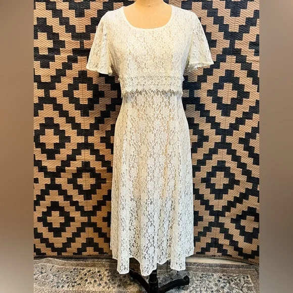 VINTAGE 80s lace corset tie back midi dress formal floral embroidery nylon white - Picture 8 of 11